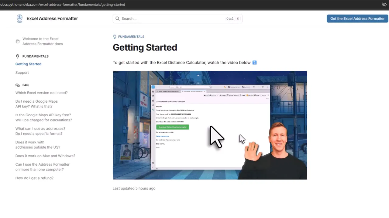 Getting Started documentation page showing the embedded walkthrough video thumbnail with a presenter and large mouse cursor