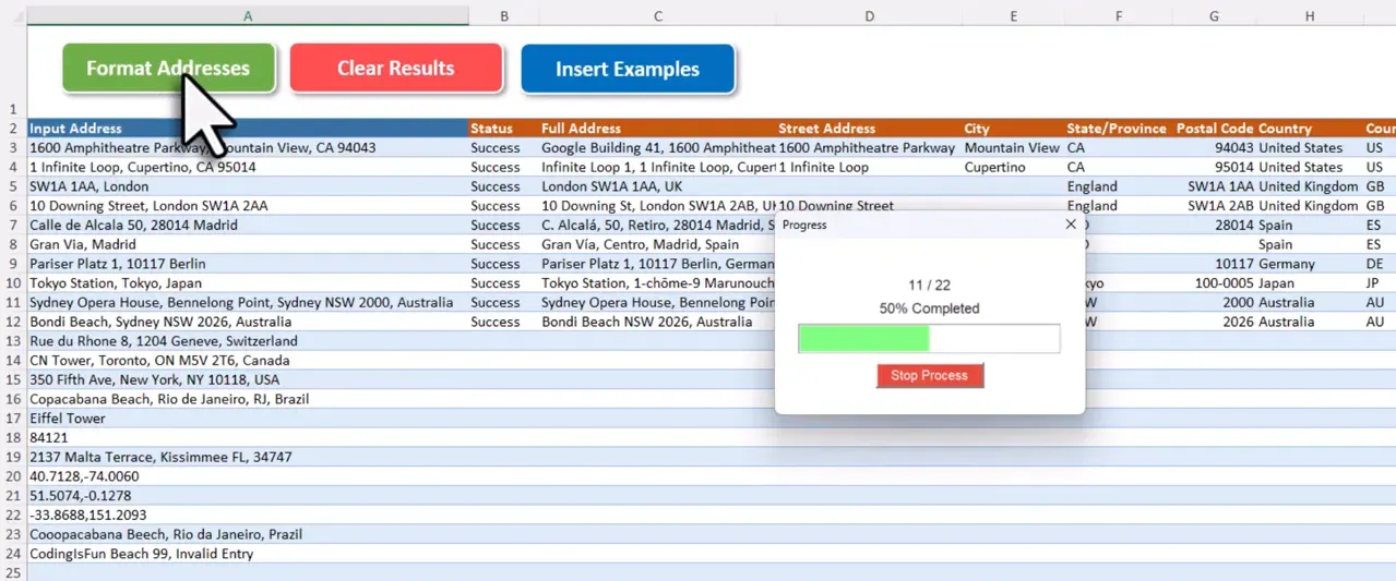 Excel template showing the Format Addresses button with a progress dialog while addresses are being processed