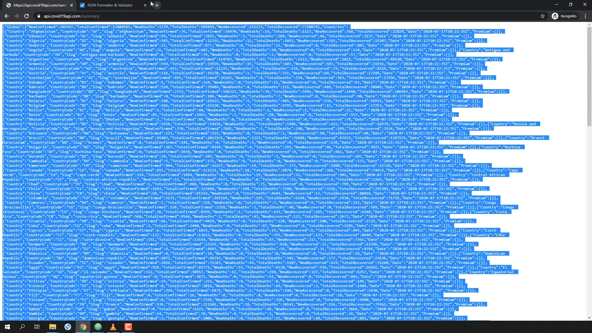 JSON output from the API