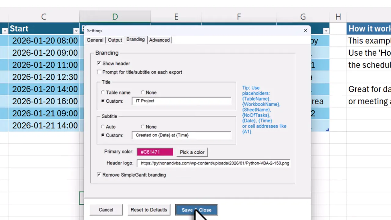Settings dialog on the Output tab displaying output location, custom path and output name options