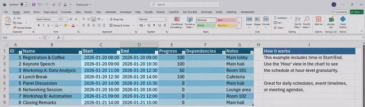 Clean Excel table showing tasks with Start and End times for hourly scheduling