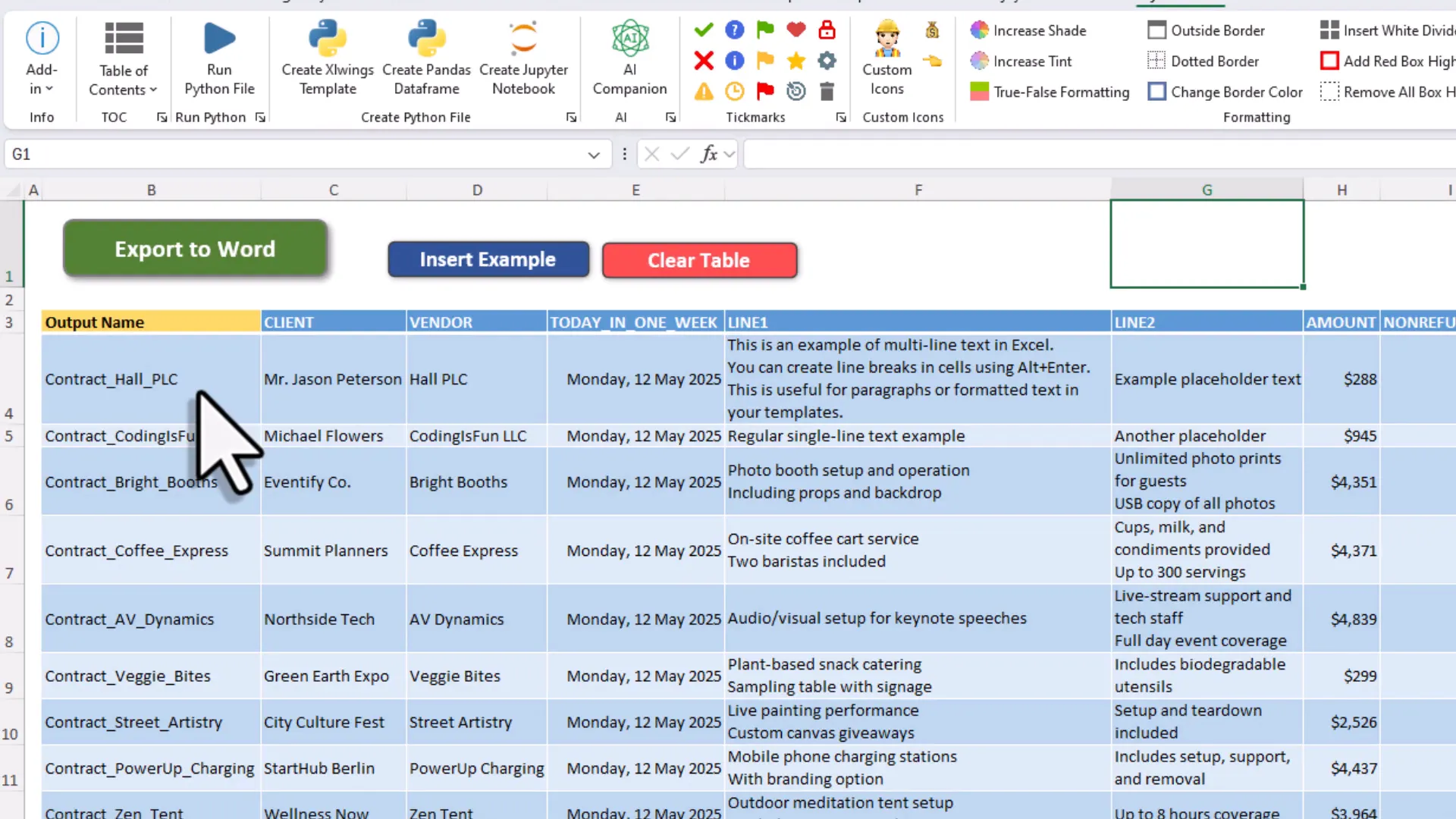 Excel spreadsheet with columns matching Word placeholders including text, image paths, tables and charts