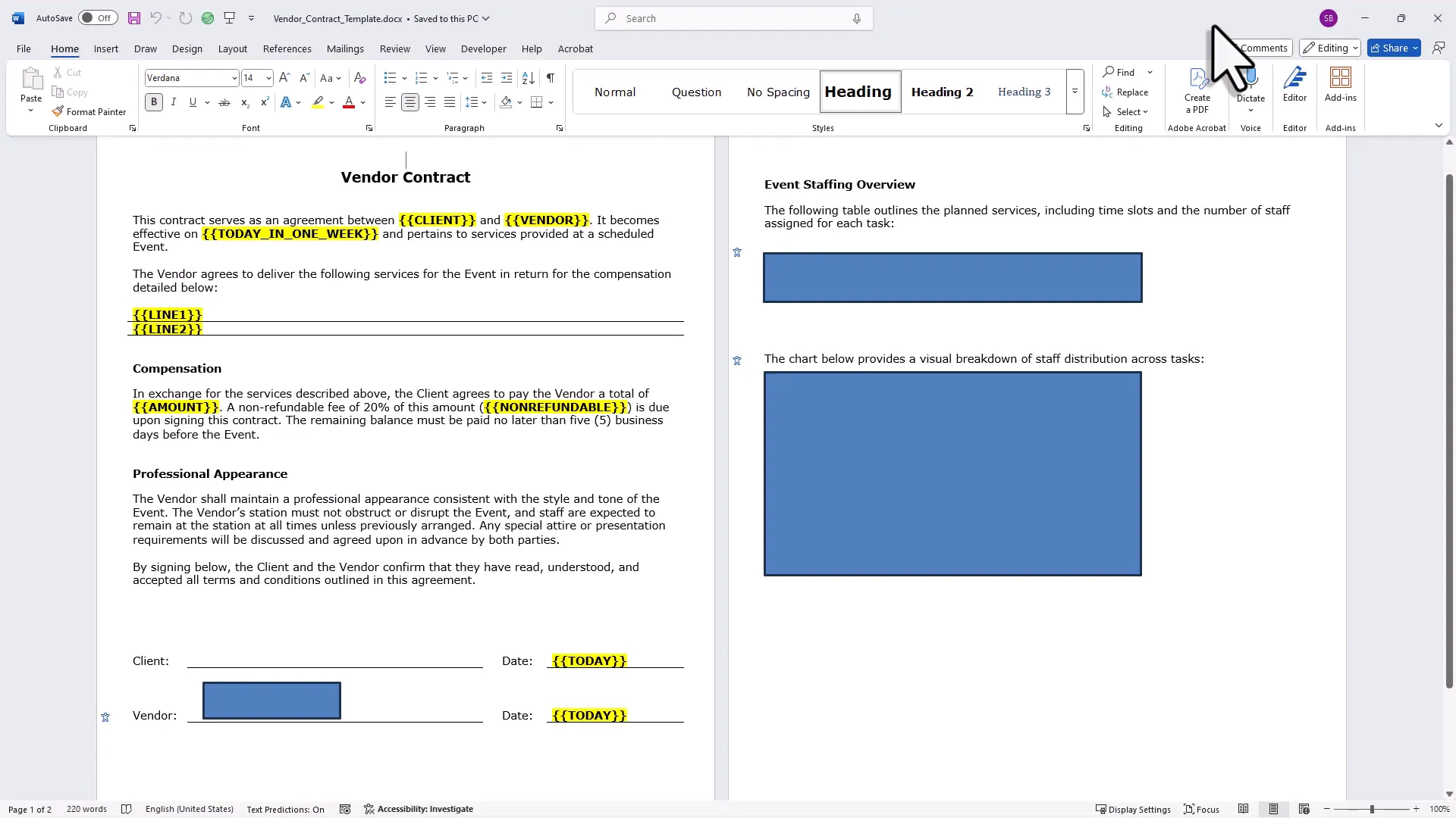 Word document template with placeholders for text, images, table and chart