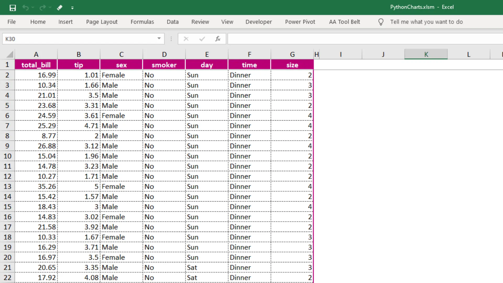Example dataset in Excel