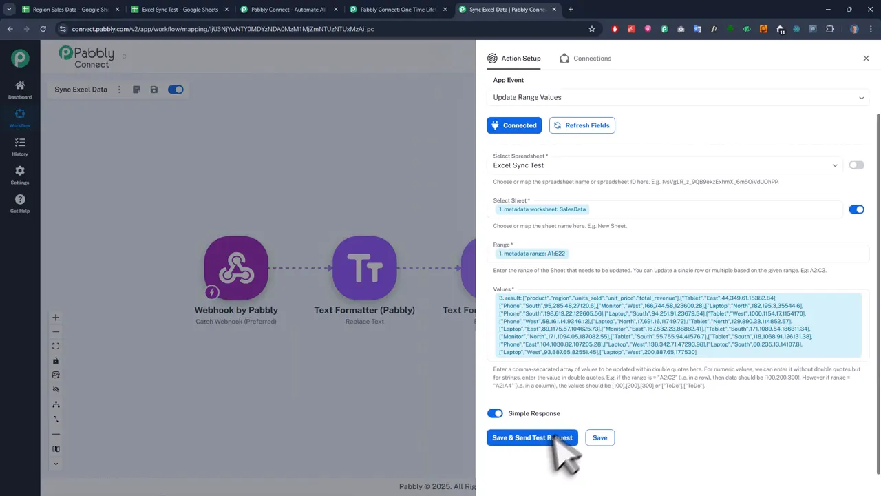 Google Sheets Update Range Values action mapping sheet name and range