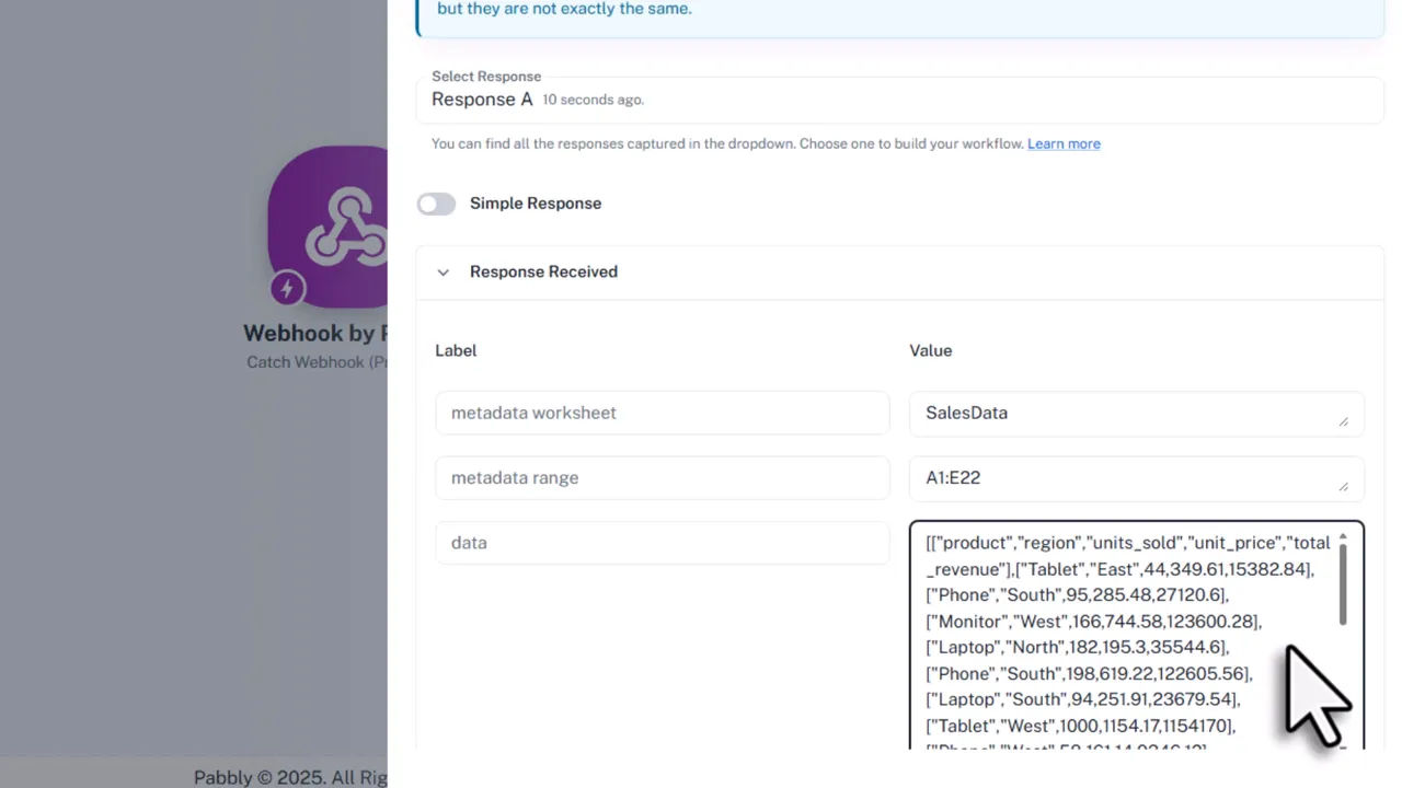 Webhook event received in the automation platform showing metadata and data