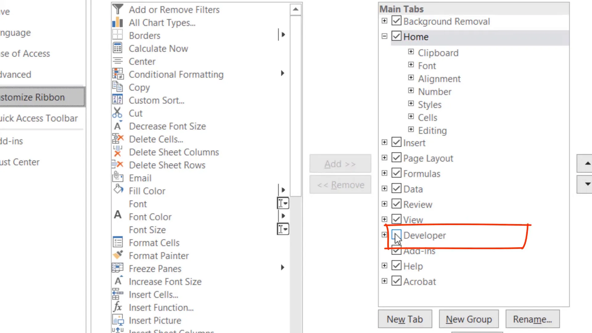 Enabling Developer tab in Excel