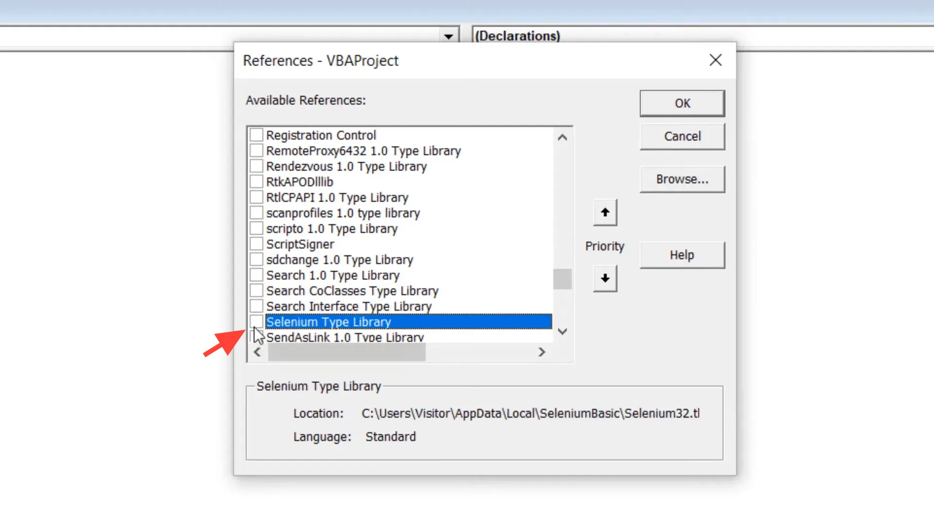 Linking Selenium library in Excel