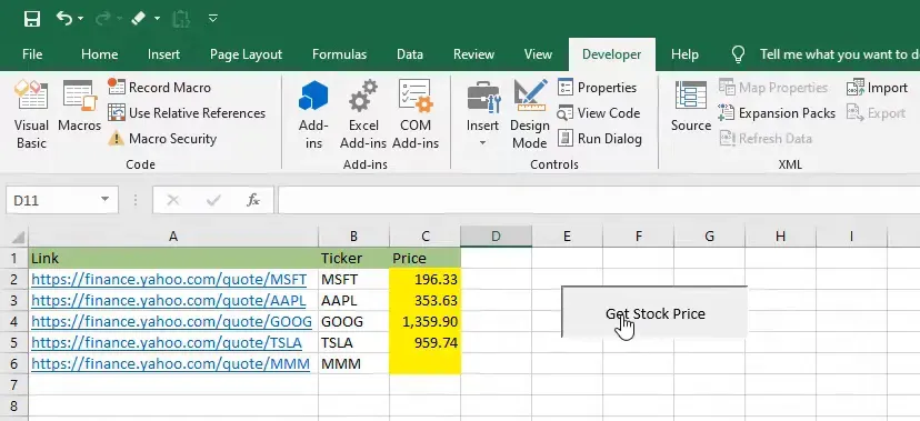 Demo of the Excel file retrieving stock prices