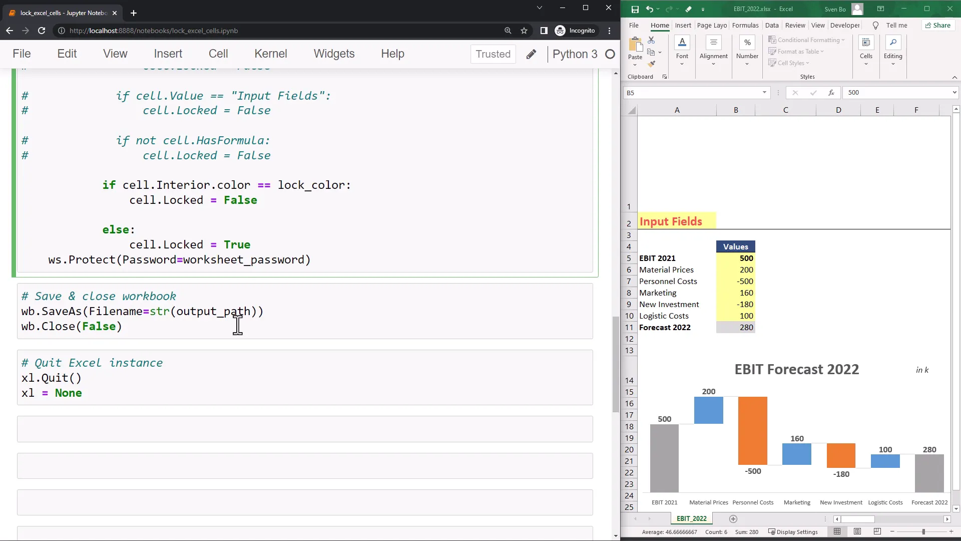 Saving and closing the workbook