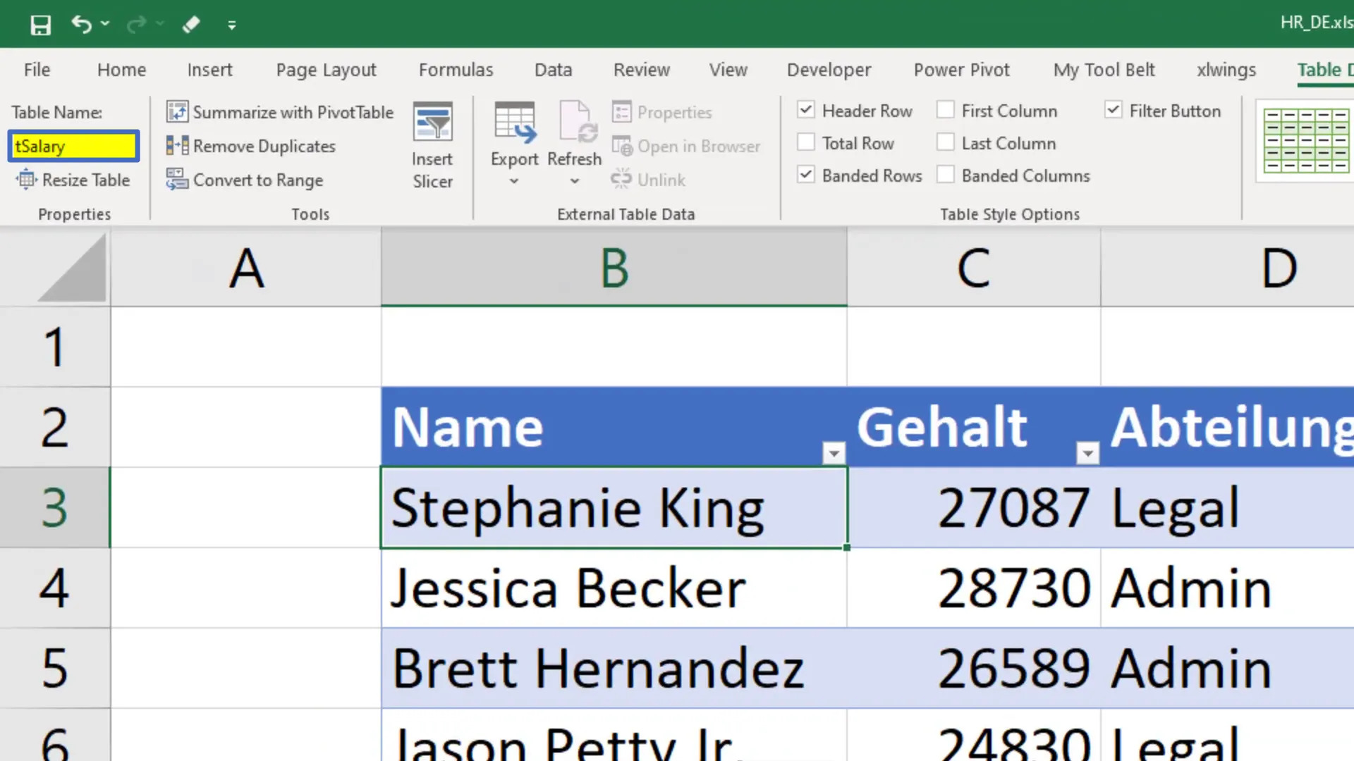 German Excel header