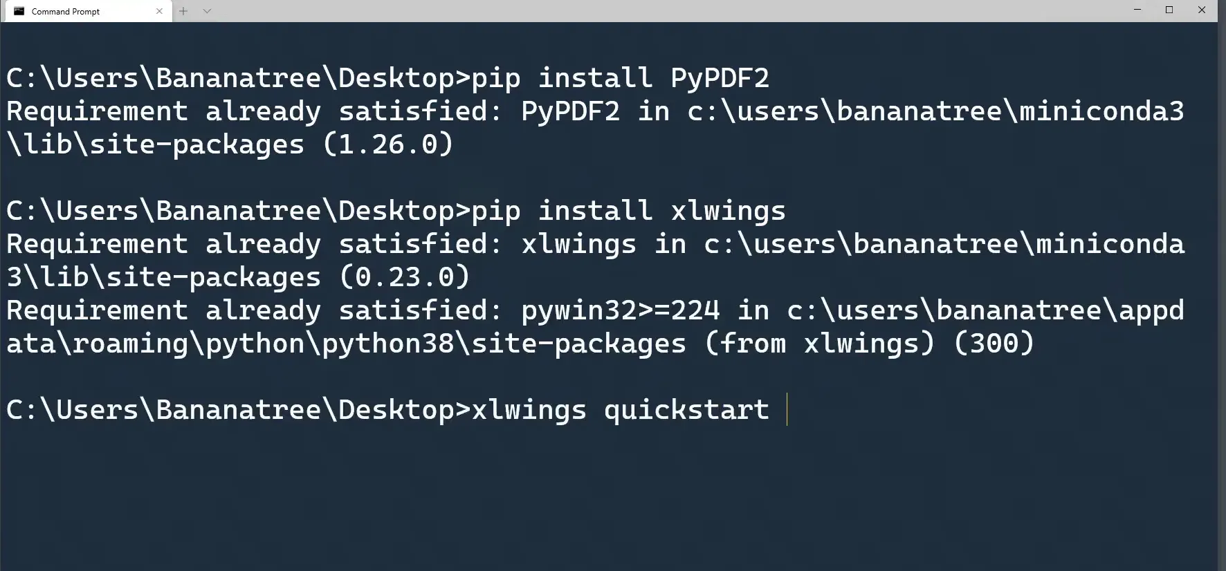 Terminal installs for PyPDF2 and xlwings