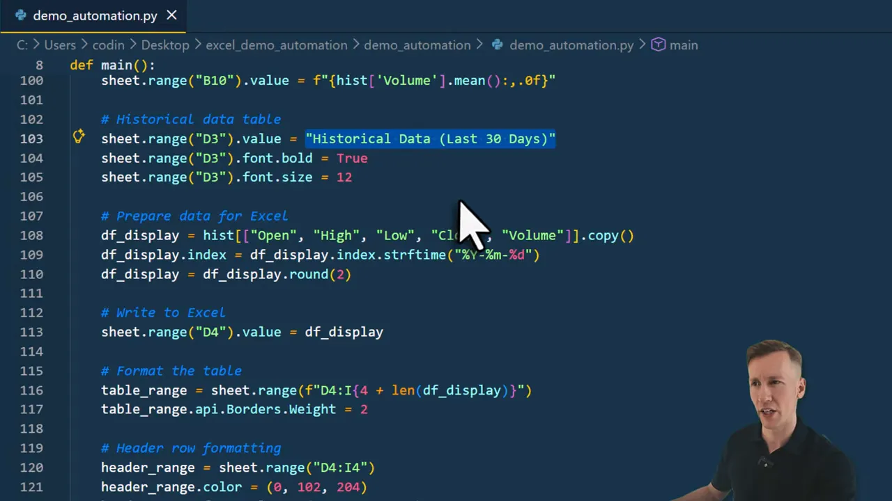 Python code in an editor showing matplotlib plotting code (ax1.plot, ax1.fill_between and ax2.bar) for price and volume