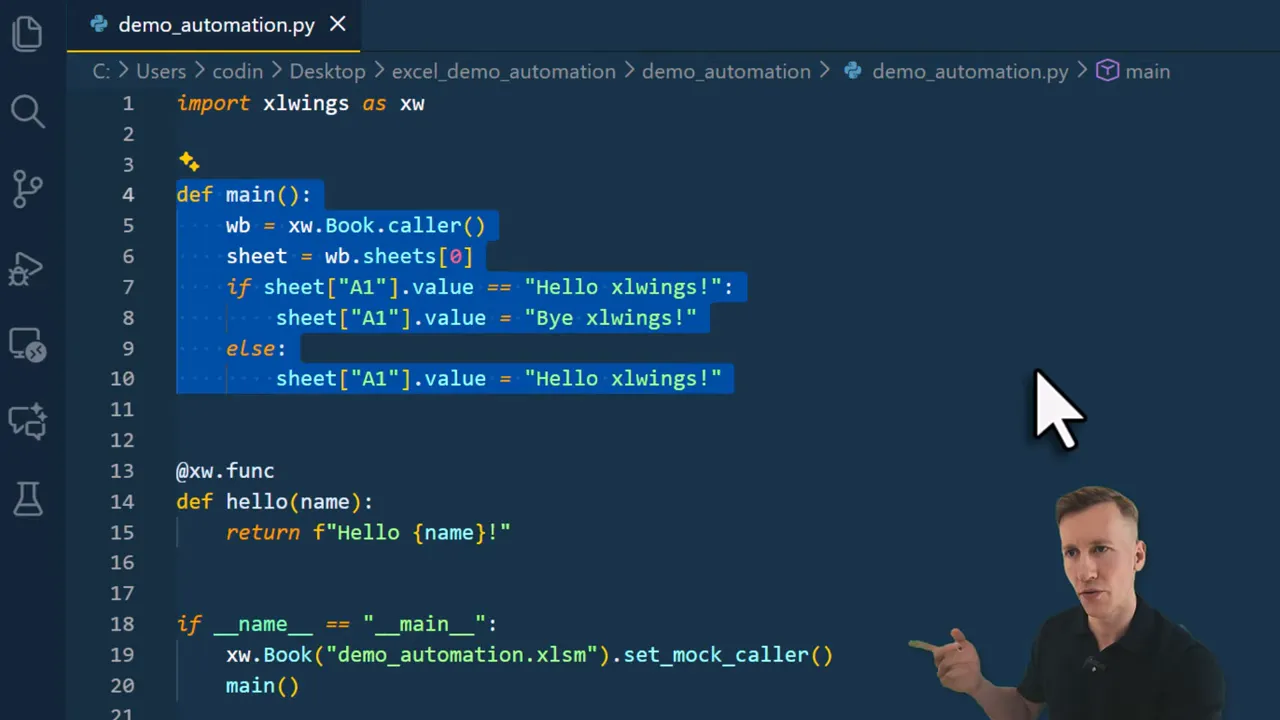 Code editor screenshot with the main function selected and xlwings code visible