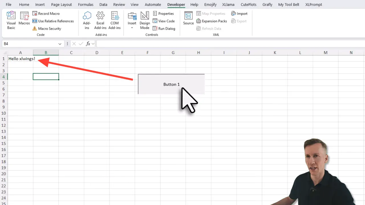 Excel workbook with Button 1 form control and cursor hovering over the button
