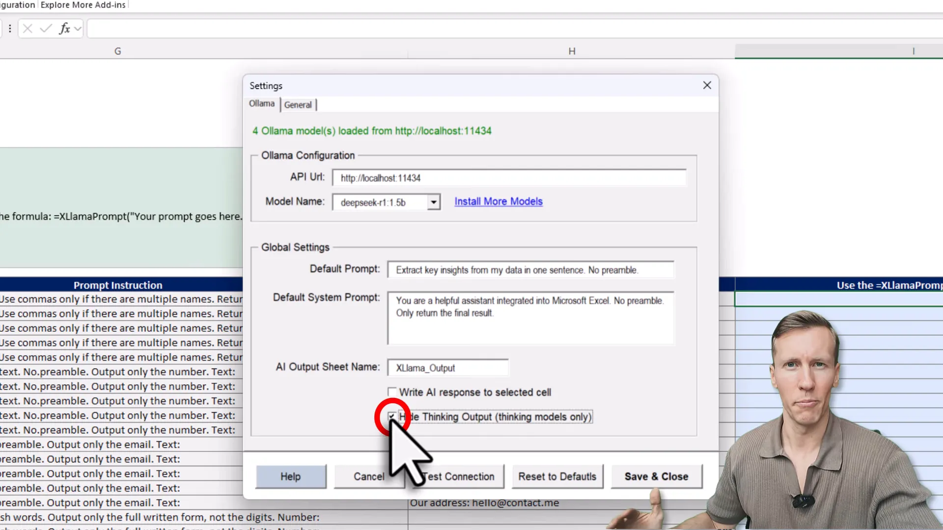 Typing the Excel formula excel llama prompt in a cell