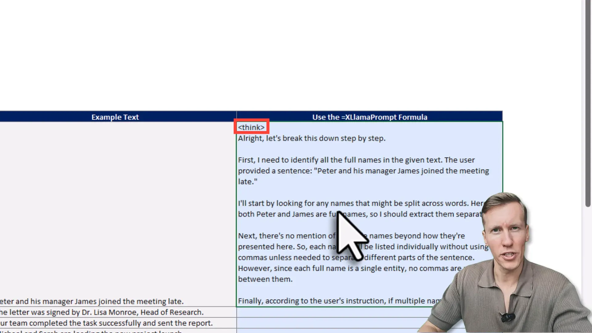 Cell showing internal thinking output from the model