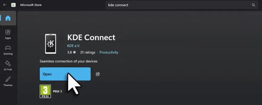 KDE Connect app in the Microsoft Store showing the Install button