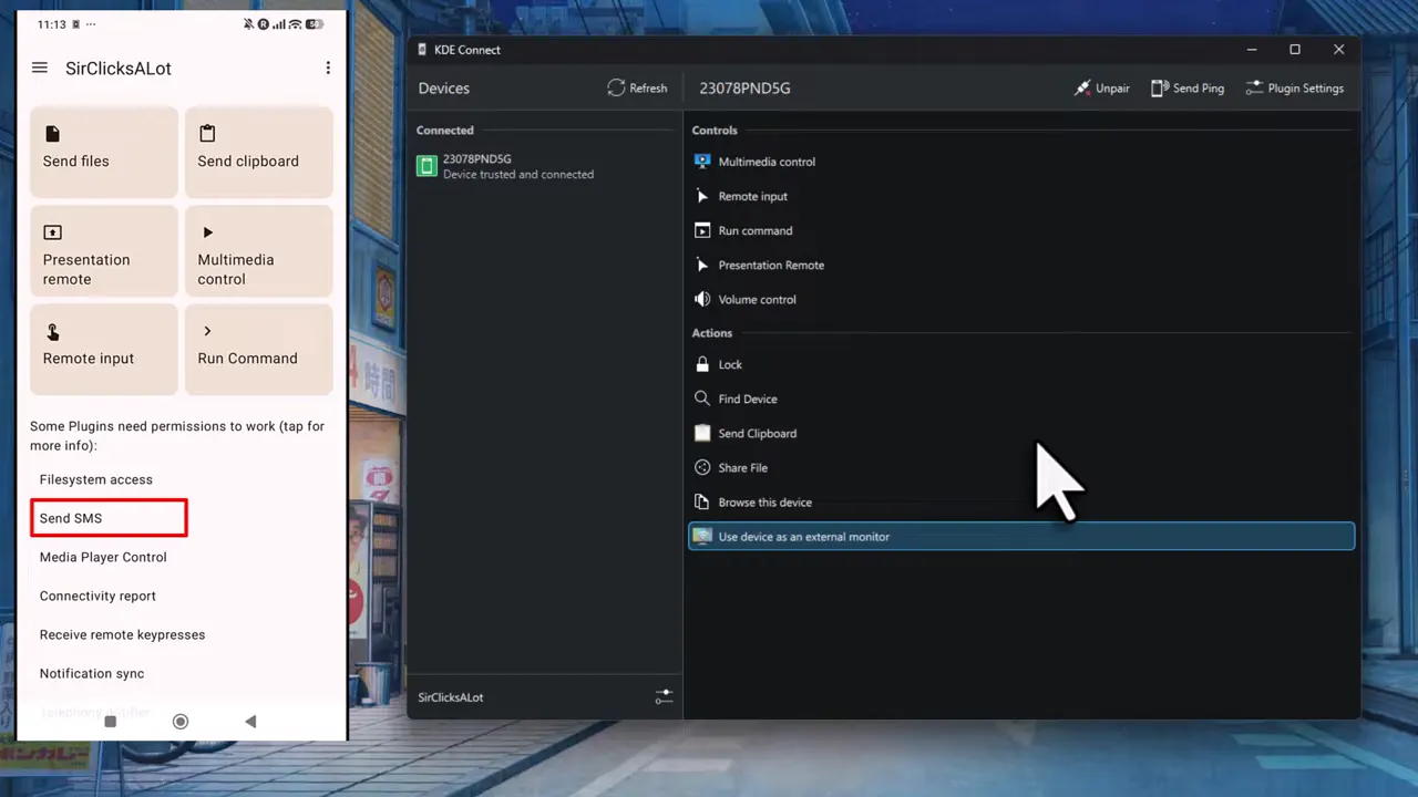 KDE Connect window showing the connected Android device and available controls