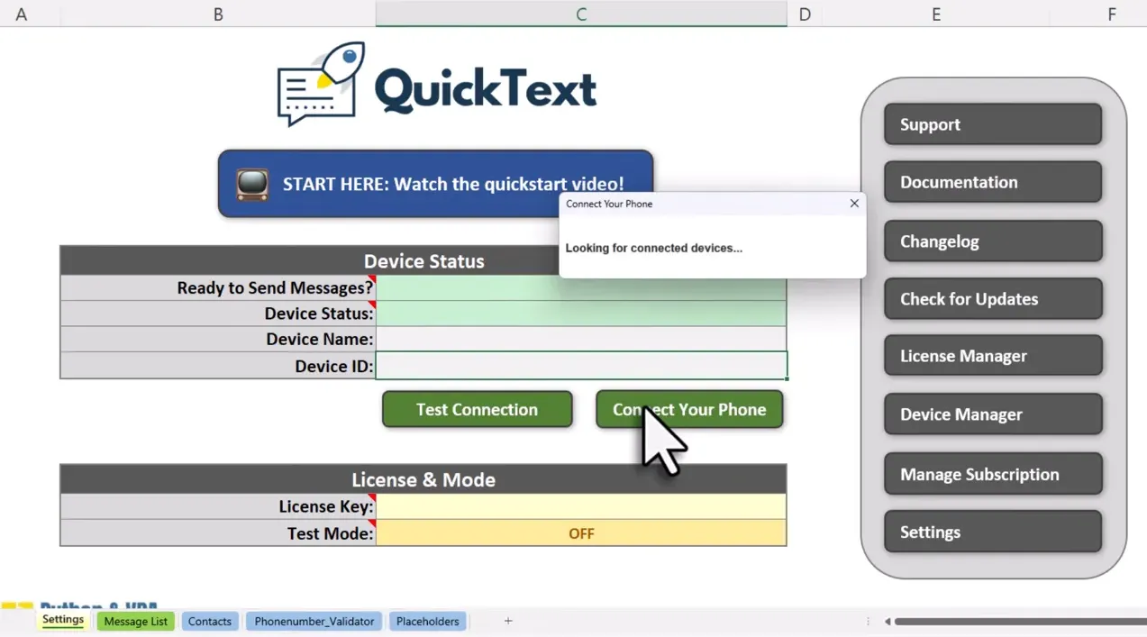 QuickText Excel tool showing connected phone status