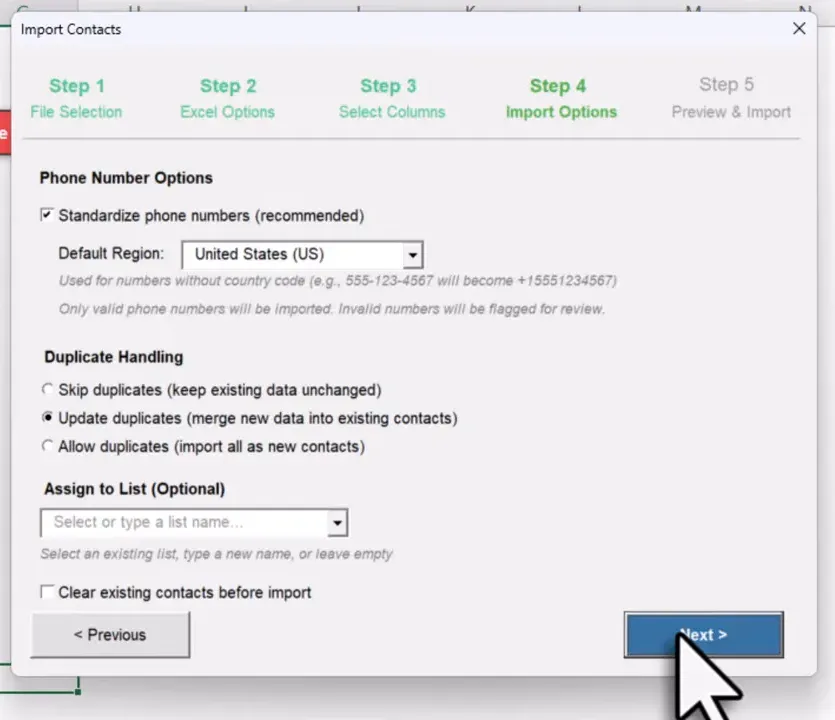 QuickText Contact Manager showing import options and phone number column selection