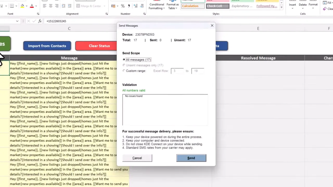 QuickText Send Messages dialog showing send scope totals, validation, and send confirmation