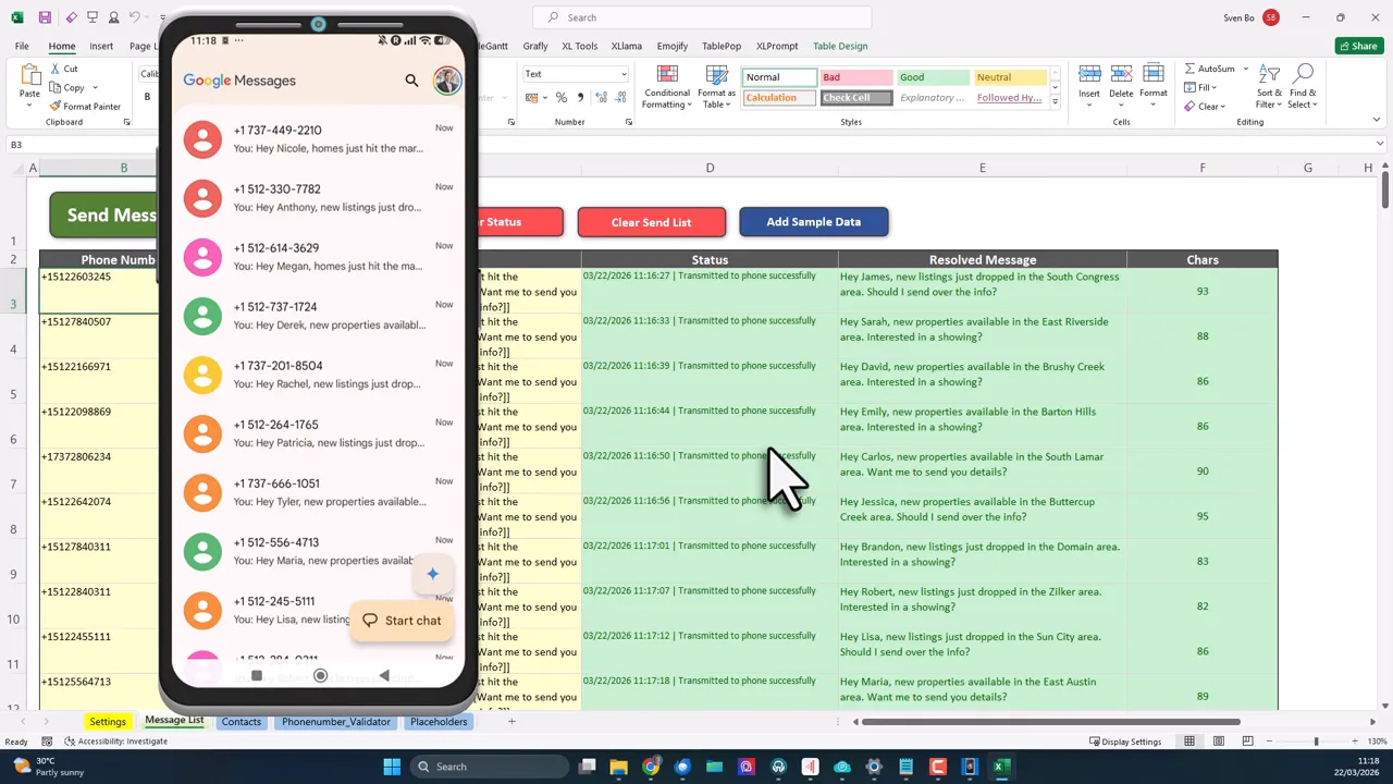QuickText completed send showing personalized messages with different spintext variations