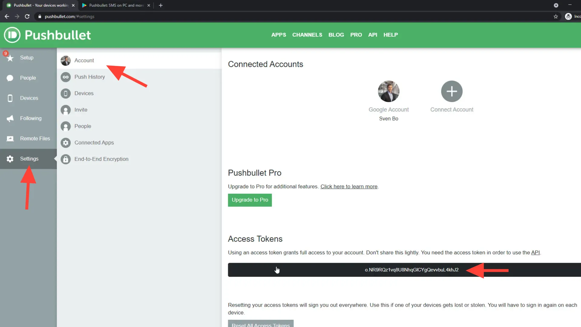 Create Access Token in Pushbullet settings