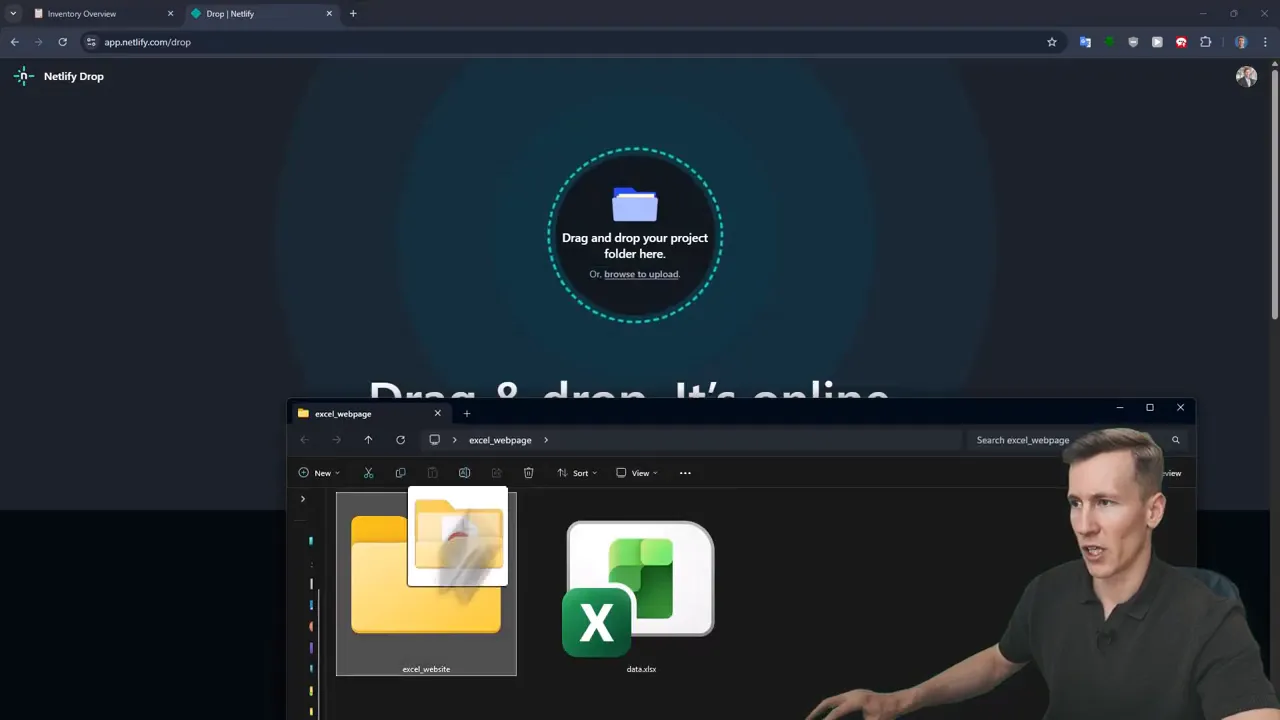 Netlify project page showing a 'Production deploys' box with the message 'Drag and drop your project folder here to deploy new changes.'
