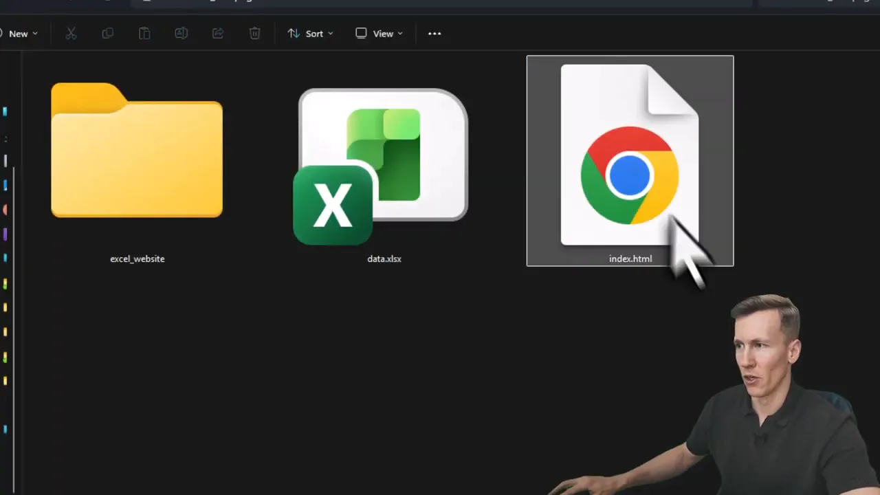 File Explorer with a folder, an Excel file icon, and an HTML file clearly labeled index.html
