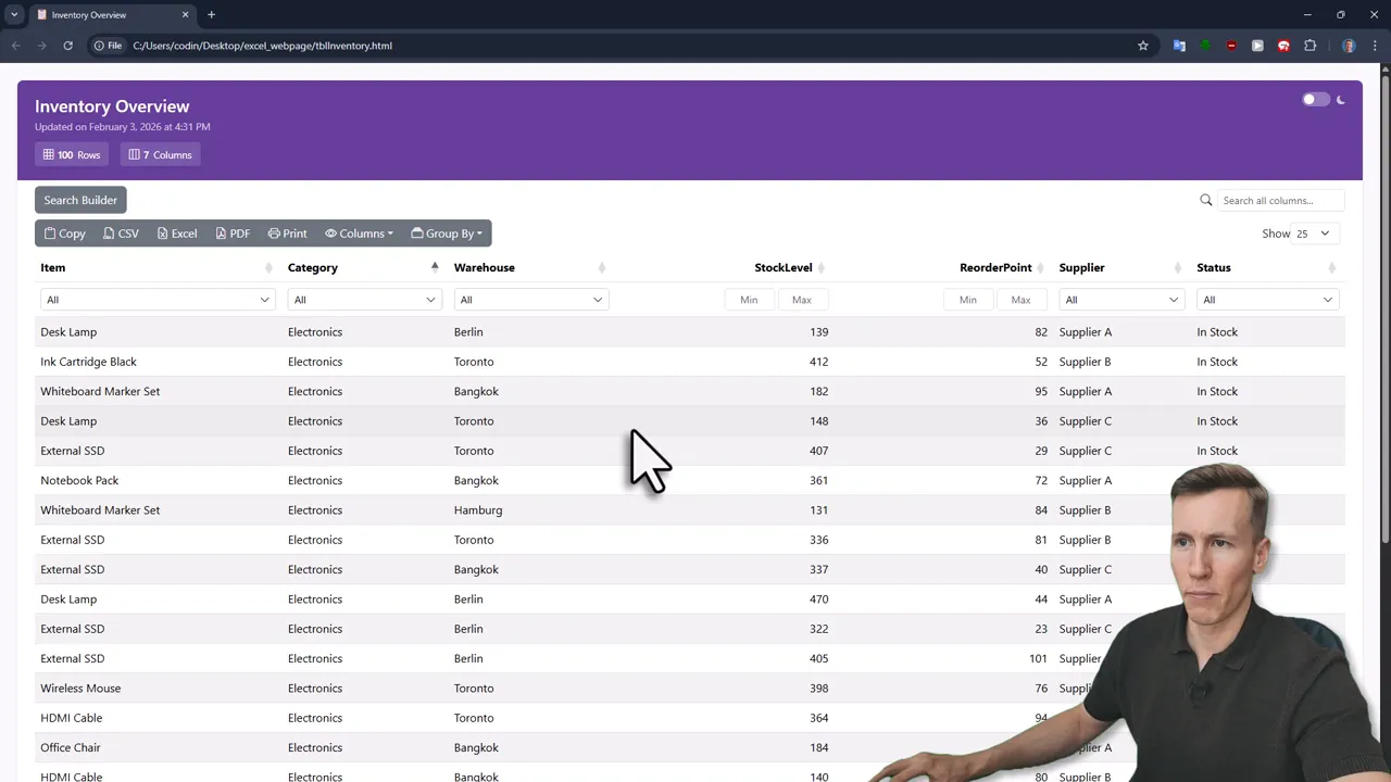 Interactive inventory web page opened locally showing toolbar, search box, and table filters