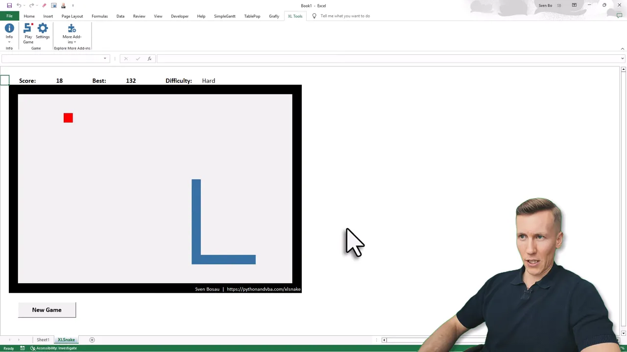 Excel Snake with a large L-shaped blue snake occupying the lower-right quadrant of the board