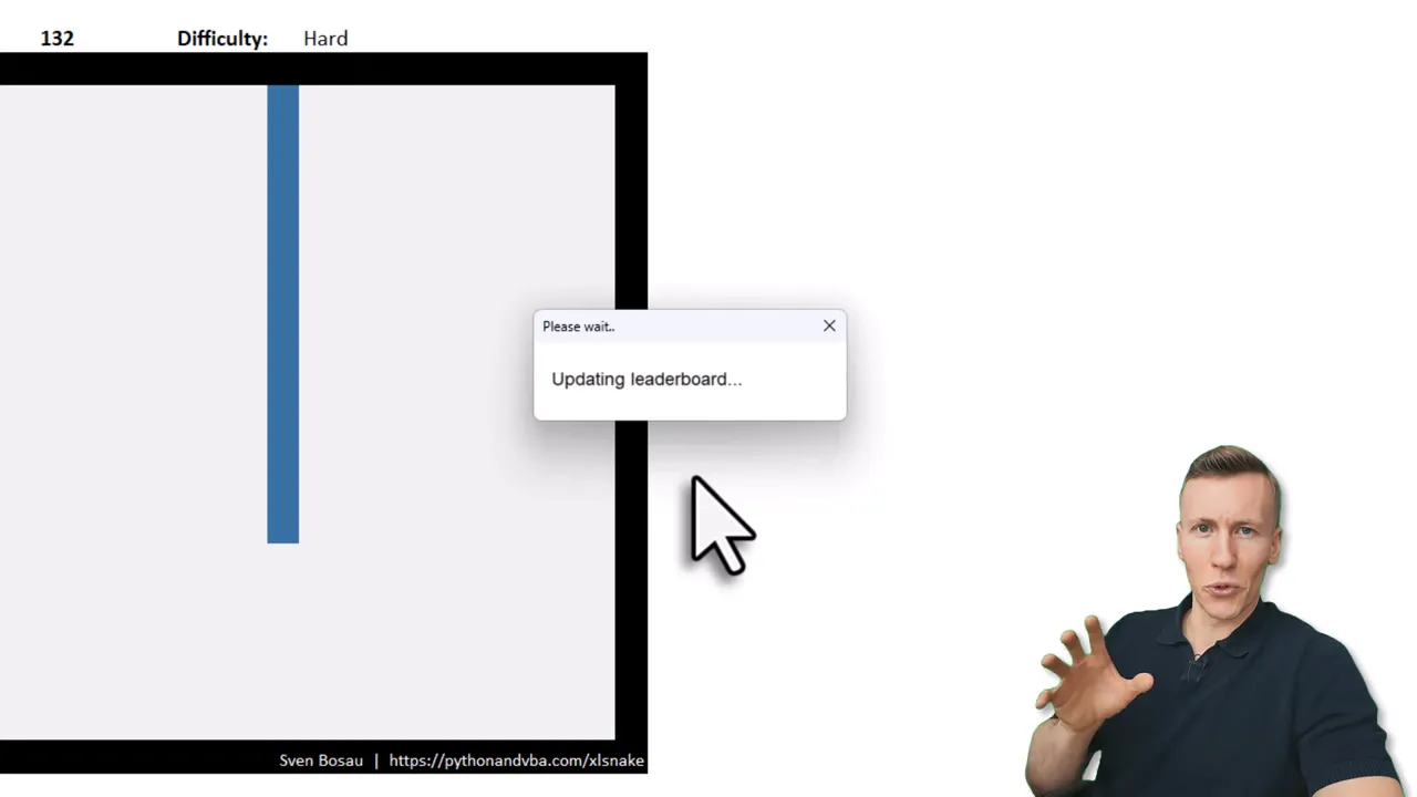 Small dialog reading 'Please wait... Updating leaderboard...' over the Snake game sheet with a large mouse cursor nearby.