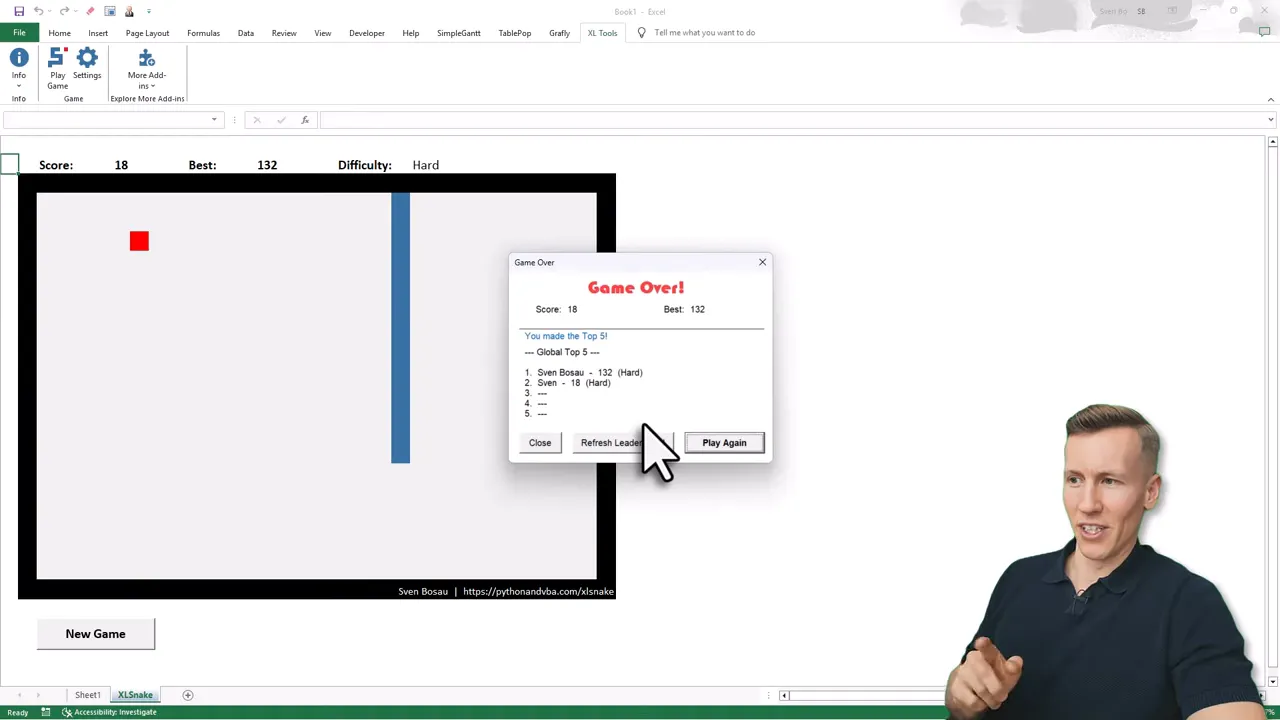 Excel worksheet with the Snake game visible and a Game Over dialog showing score, 'You made the Top 5!' and Refresh Leaderboard / Play Again buttons