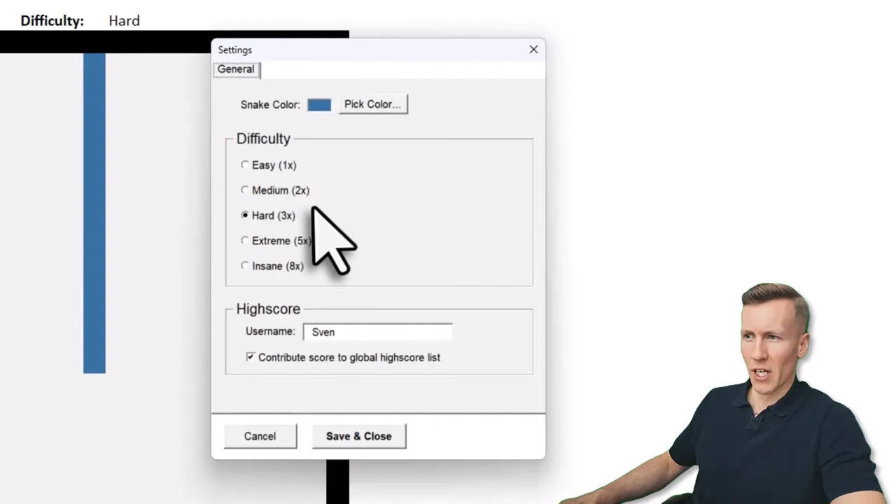 Excel Snake settings dialog highlighting the difficulty options and snake color with cursor on Hard