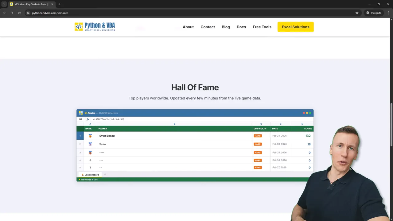 Full Excel worksheet with XL Tools ribbon and the Snake play area visible, presenter in bottom-right