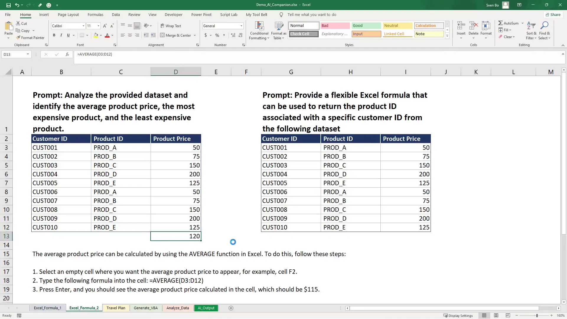 AI Companion suggesting AVERAGE formula