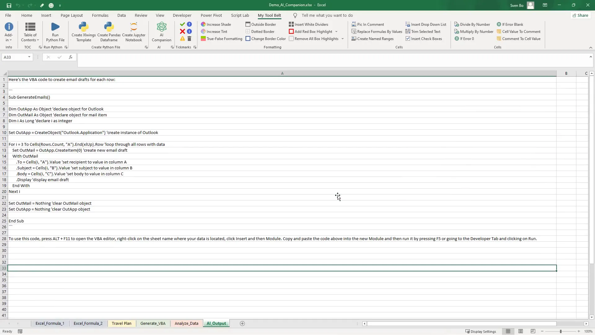 AI Companion generating VBA code