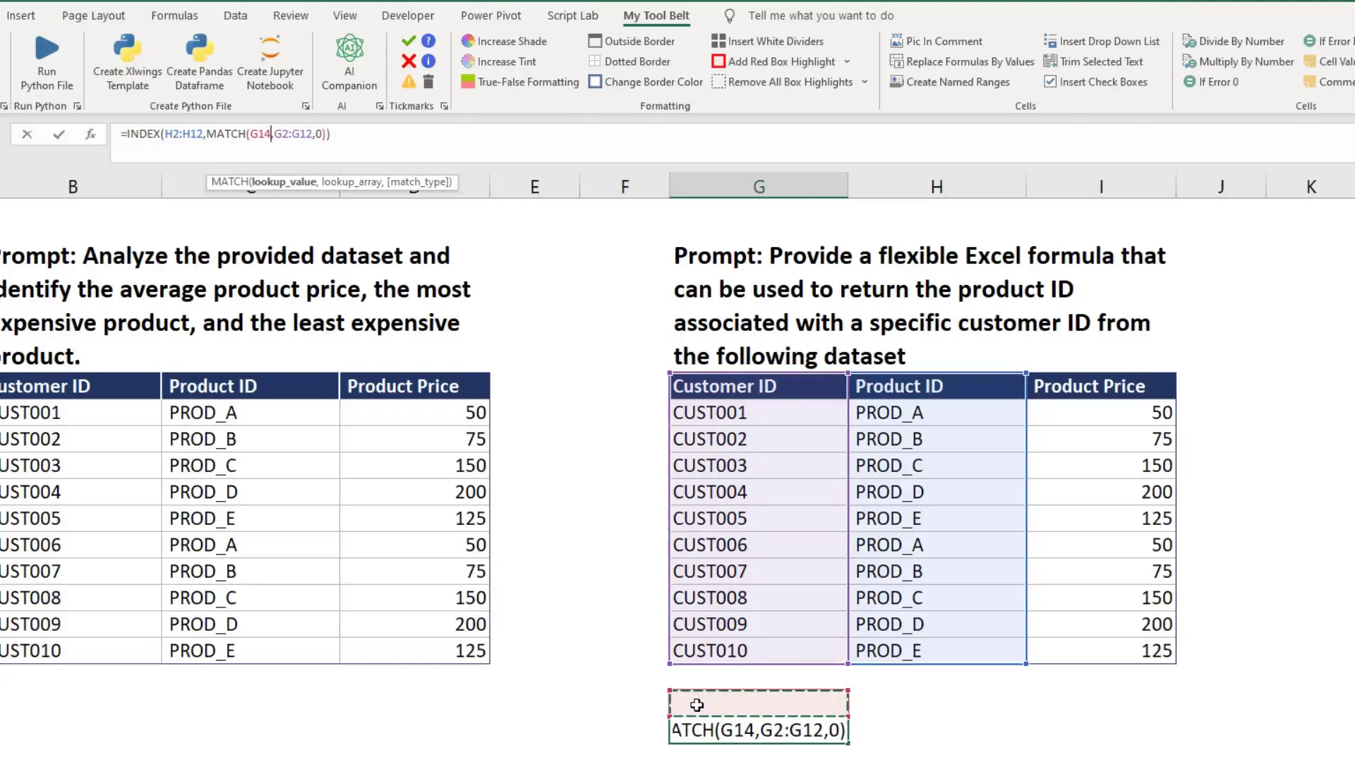 AI Companion suggesting INDEX and MATCH formula