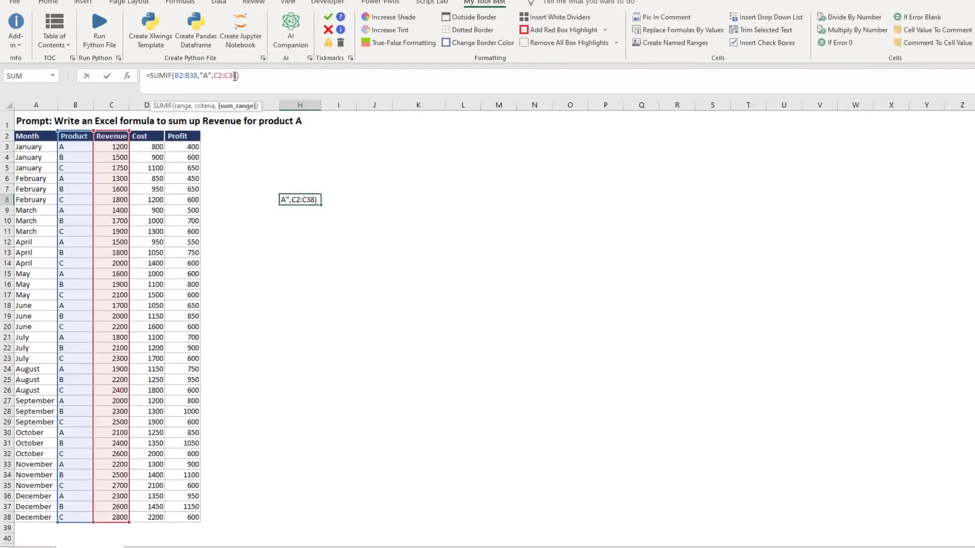 AI Companion recommending SUMIF formula
