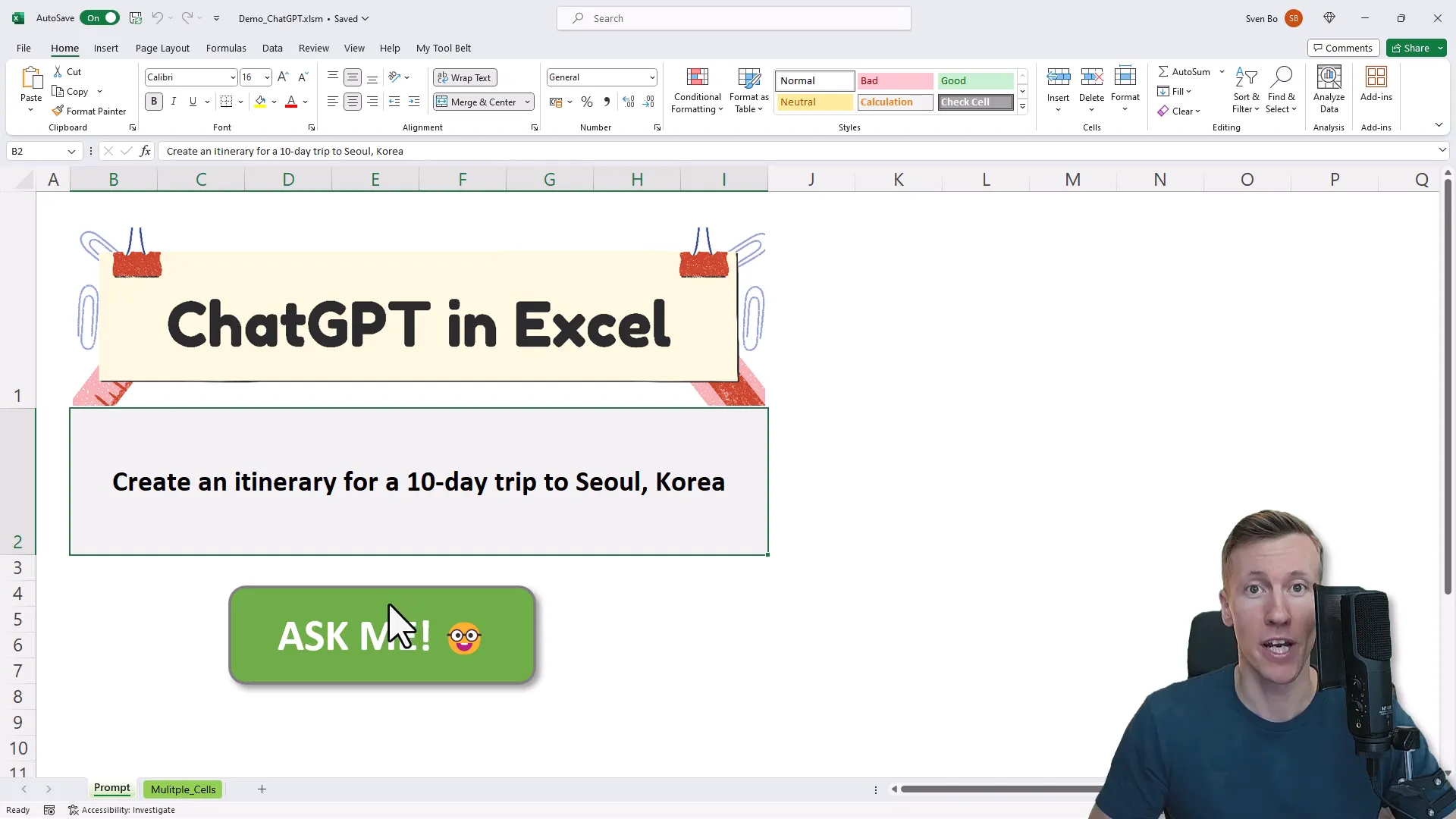 Example of ChatGPT response in Excel