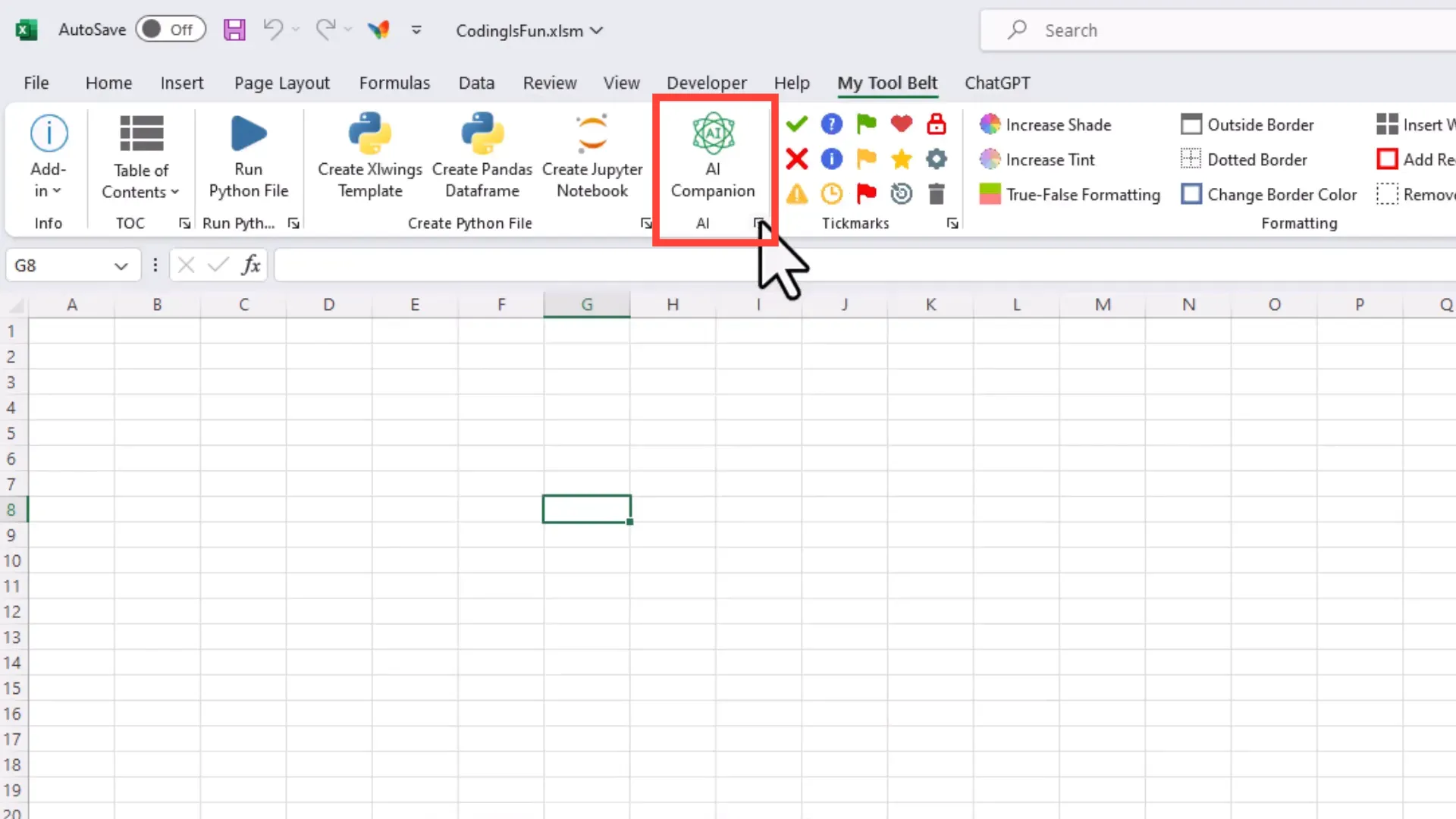 Using MyToolBelt Add-in in Excel