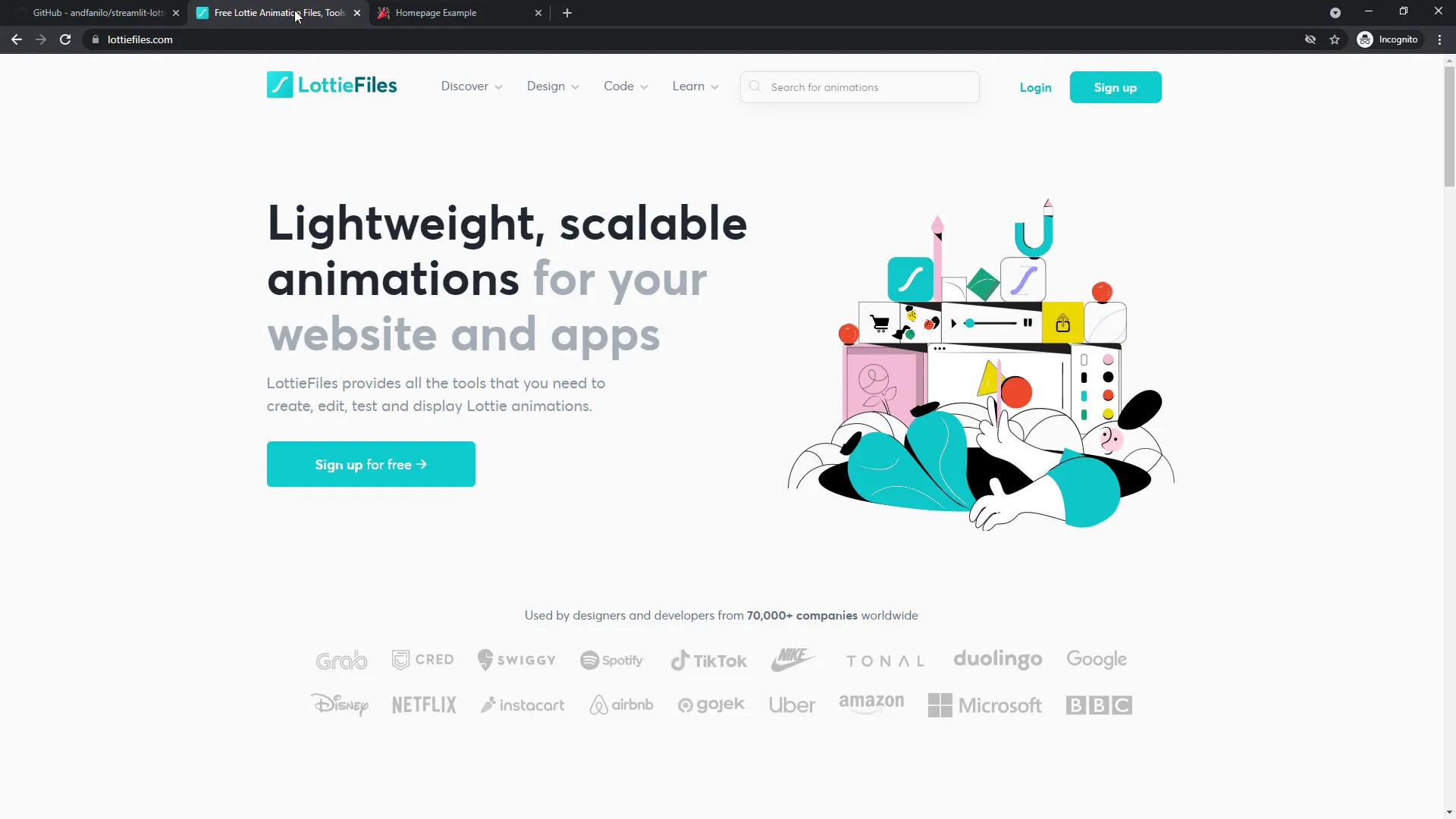 LottieFiles website showing free animations