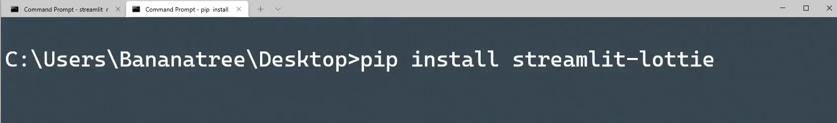 Command prompt showing pip install streamlit-lottie