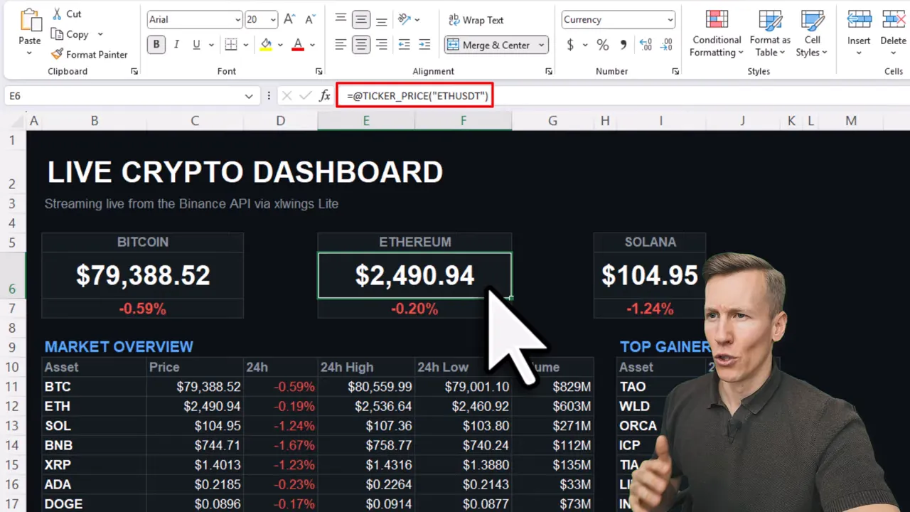 Live crypto dashboard in Excel with market overview, prices and top gainers