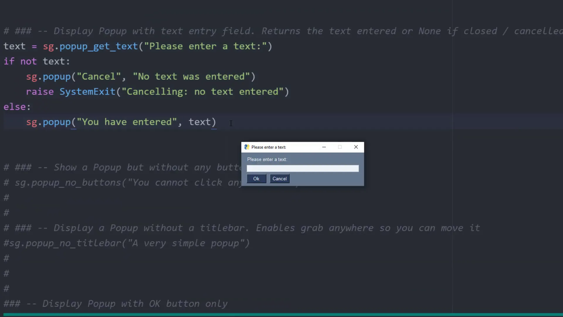 Popup for text input