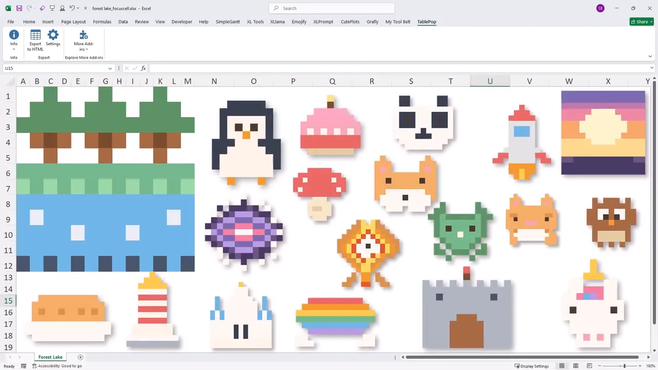 Microsoft Excel worksheet displaying exported pixel art made from colored cells