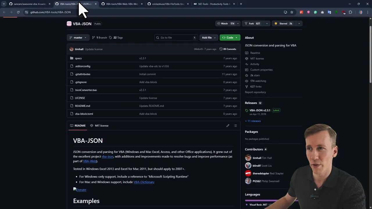 GitHub repository page for VBA-JSON showing README header and file list