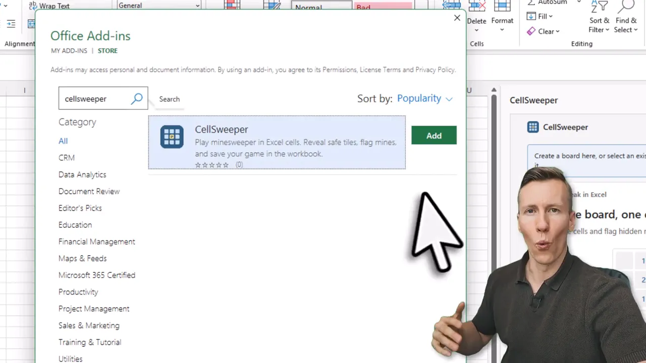 Office Add-ins search results showing CellSweeper with the Add button