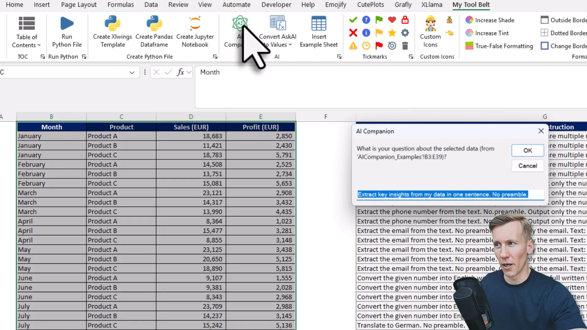 Selecting a data range and clicking AI Companion to extract insights